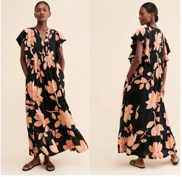 Maeve by Anthropologie Dresses & Skirts - Maeve Anthropologie XS Black Orange Floral Maxi Dress Flutter Sleeve Boho